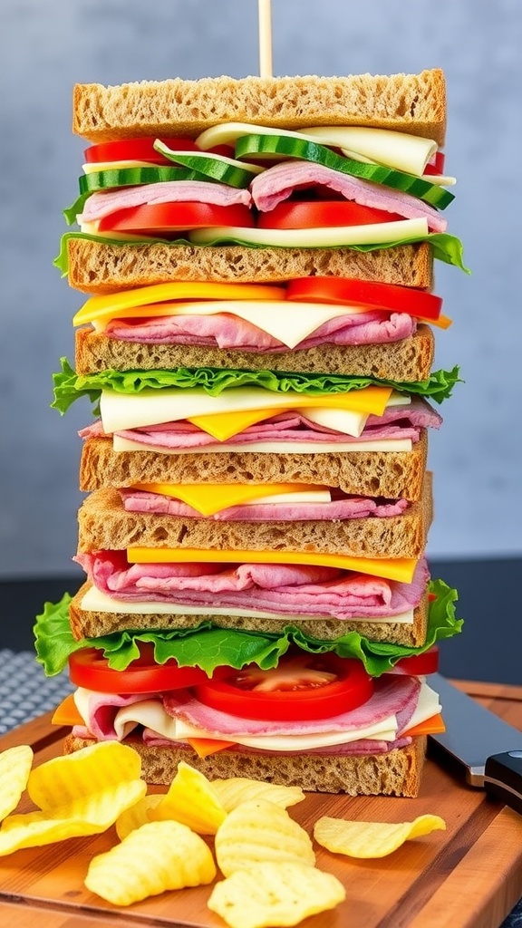 Ultimate 9-Layer Sandwich Recipe A 9-layer sandwich with turkey, ham, roast beef, cheeses, lettuce, and tomatoes on a cutting board, with a knife and potato chips.